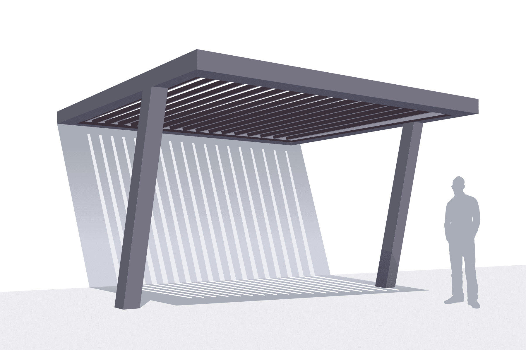 Exemple 3D Pergola Bioclimatique : Adossé en façade avec 2 poteaux inclinés pour plus de design